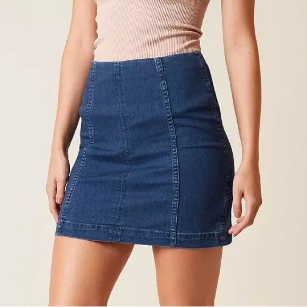 NWT Free People Modern Femme Denim Stretch Skirt Nautilus Blue Size 12